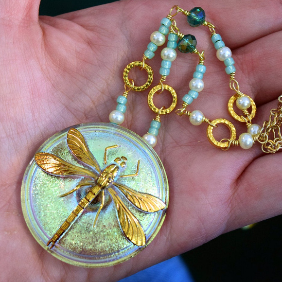SOLD: Dragonfly Czech Glass Button on 18" Beaded Chain - Picture 3 of 3